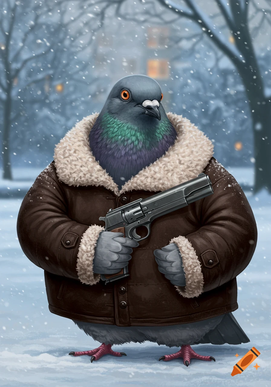 A stylized illustration of a pigeon wearing a brown winter coat and holding a large pistol in a snowy outdoor scene.