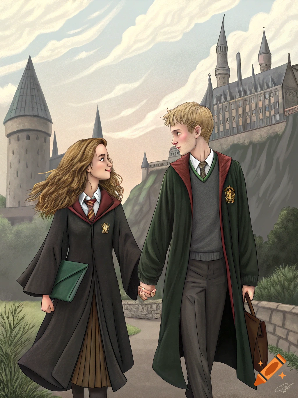 Illustrated image of Hermione Granger and Draco Malfoy holding hands and walking on a path with Hogwarts in the background.