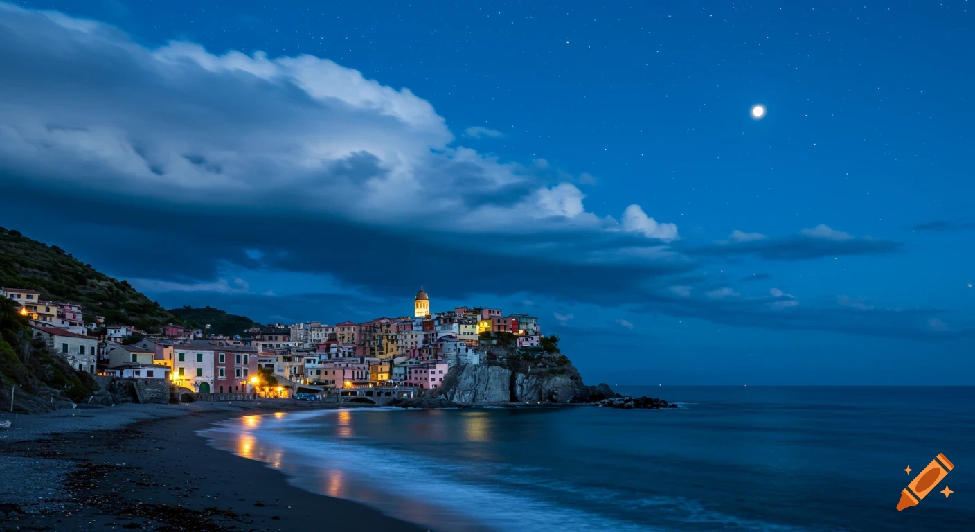 A vibrant coastal village on a cliff overlooking a moonlit sea and beach under a dark blue, cloudy sky.
