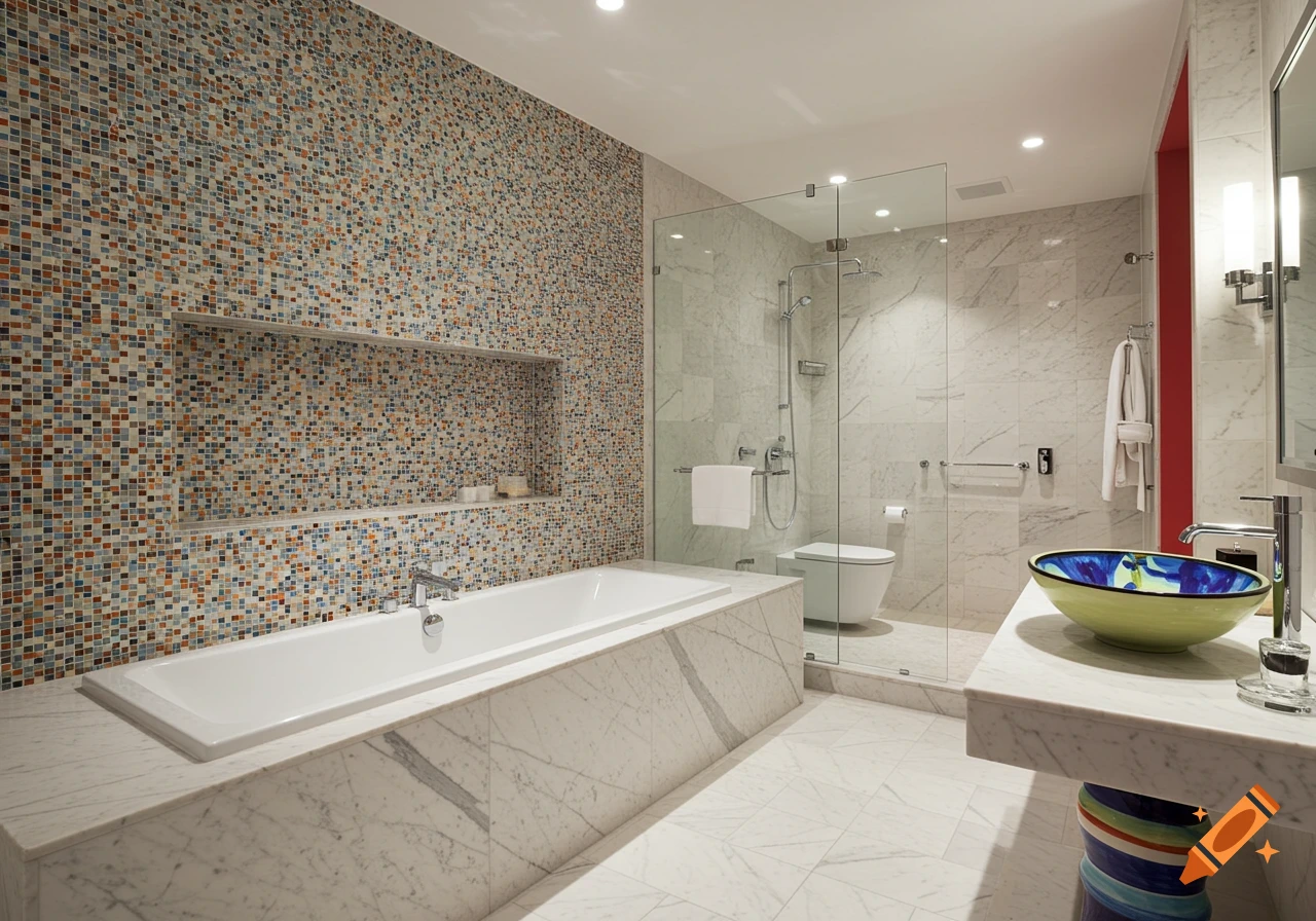 A luxurious bathroom featuring a wall of colorful mosaic tiles, a white alcove bathtub, a glass shower, and a vibrant blue and green vessel sink.
