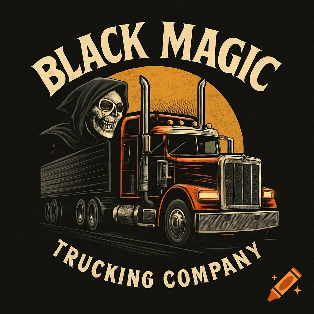 Logo of a semi-truck with a grim reaper against an orange sun, text 'Black Magic Trucking Company'.
