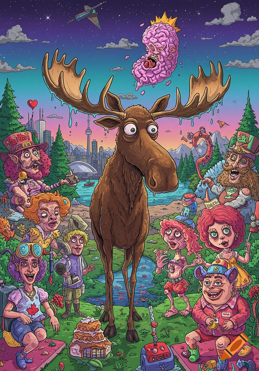 A colorful, surreal cartoon illustration of a large moose standing in a forest clearing surrounded by numerous distorted, grotesque human-like characters with exaggerated features, under a starry sky with a city skyline in the background.