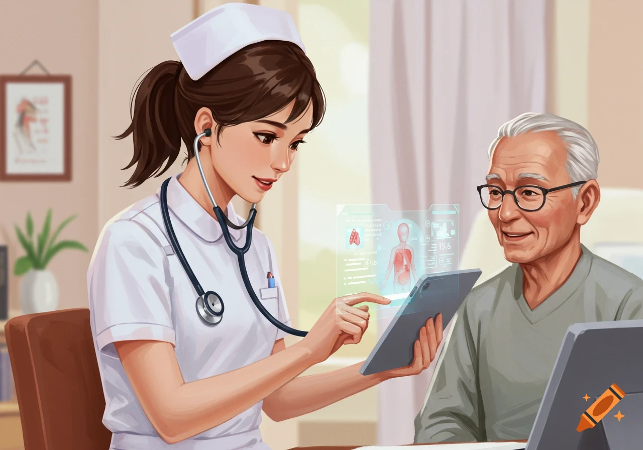 Illustration of a nurse showing a patient a holographic medical display on a tablet.