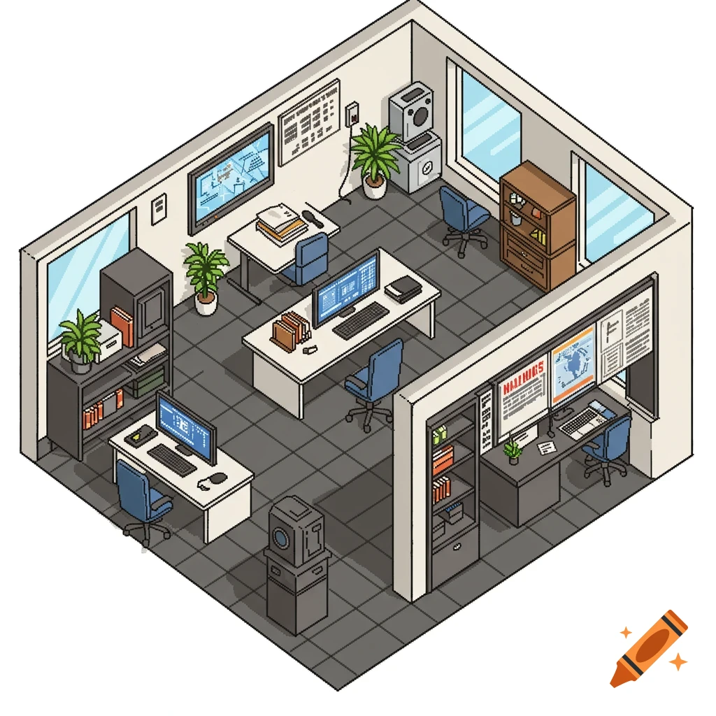 Isometric pixel art illustration of a modern corporate office with desks, computers, chairs, shelves, and potted plants.