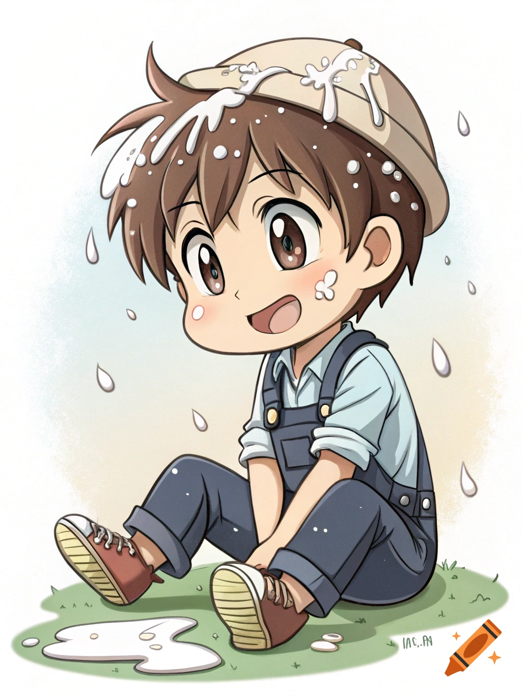 Cute chibi anime boy in blue overalls sitting on green grass, covered in white sticky liquid.
