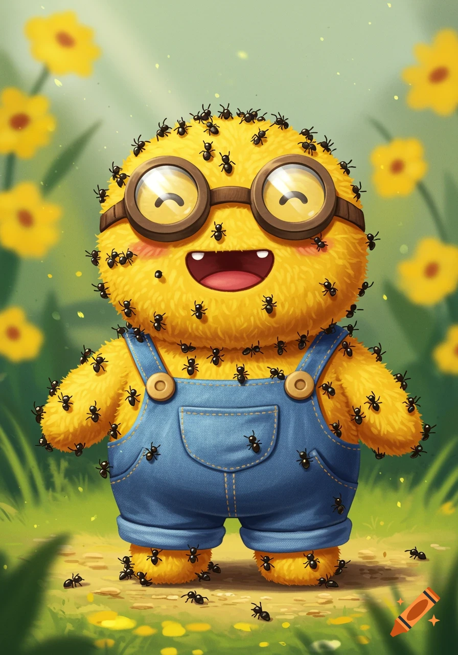 A cute, fluffy yellow creature wearing goggles and blue overalls smiles while covered in ants in a sunny garden.