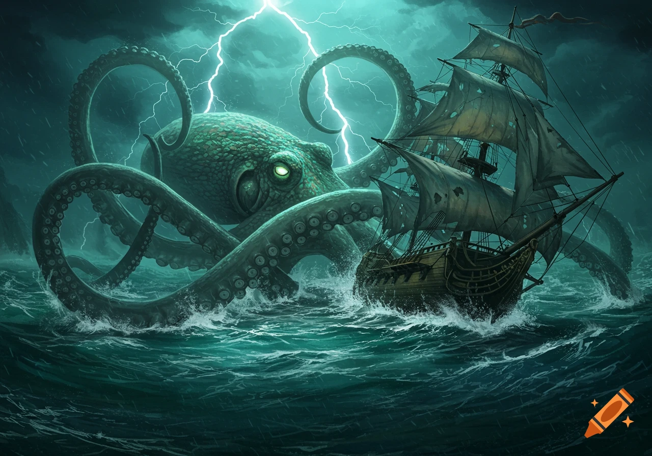 A colossal green octopus with glowing eyes attacks a sailing ship amidst a stormy sea with lightning.