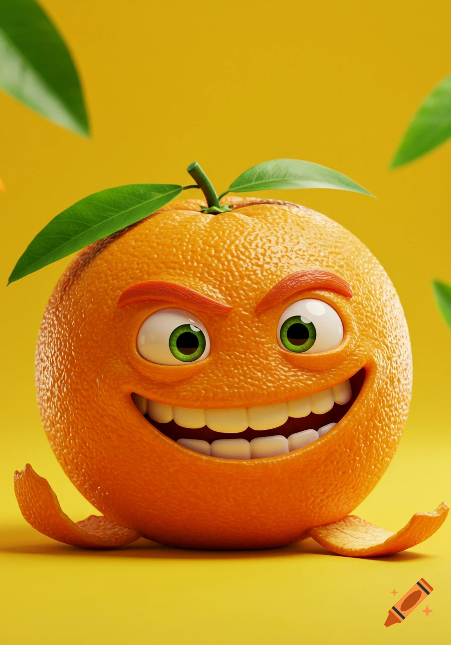 A 3D cartoon orange character with a wide, toothy grin and mischievous green eyes, against a bright yellow background.