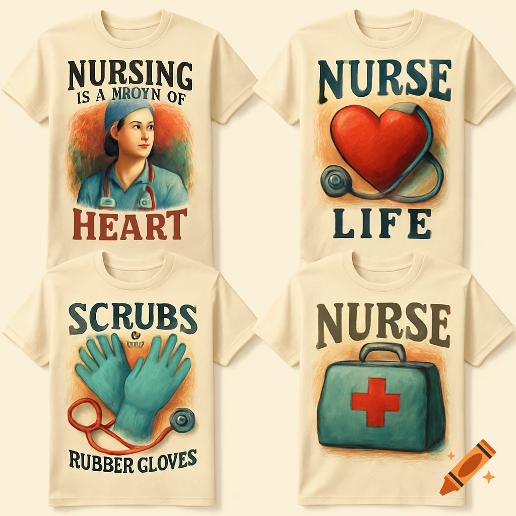 Four cream-colored t-shirts featuring vintage-style nurse and medical themed illustrations and text.