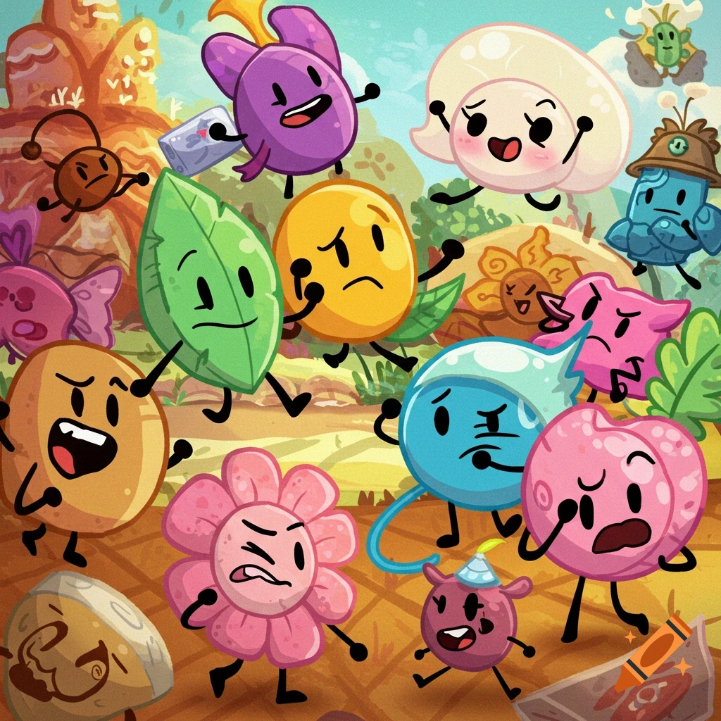 A group of colorful cartoon inanimate objects with faces and limbs, depicting various emotions, in an outdoor setting, in the style of Battle for Dream Island.