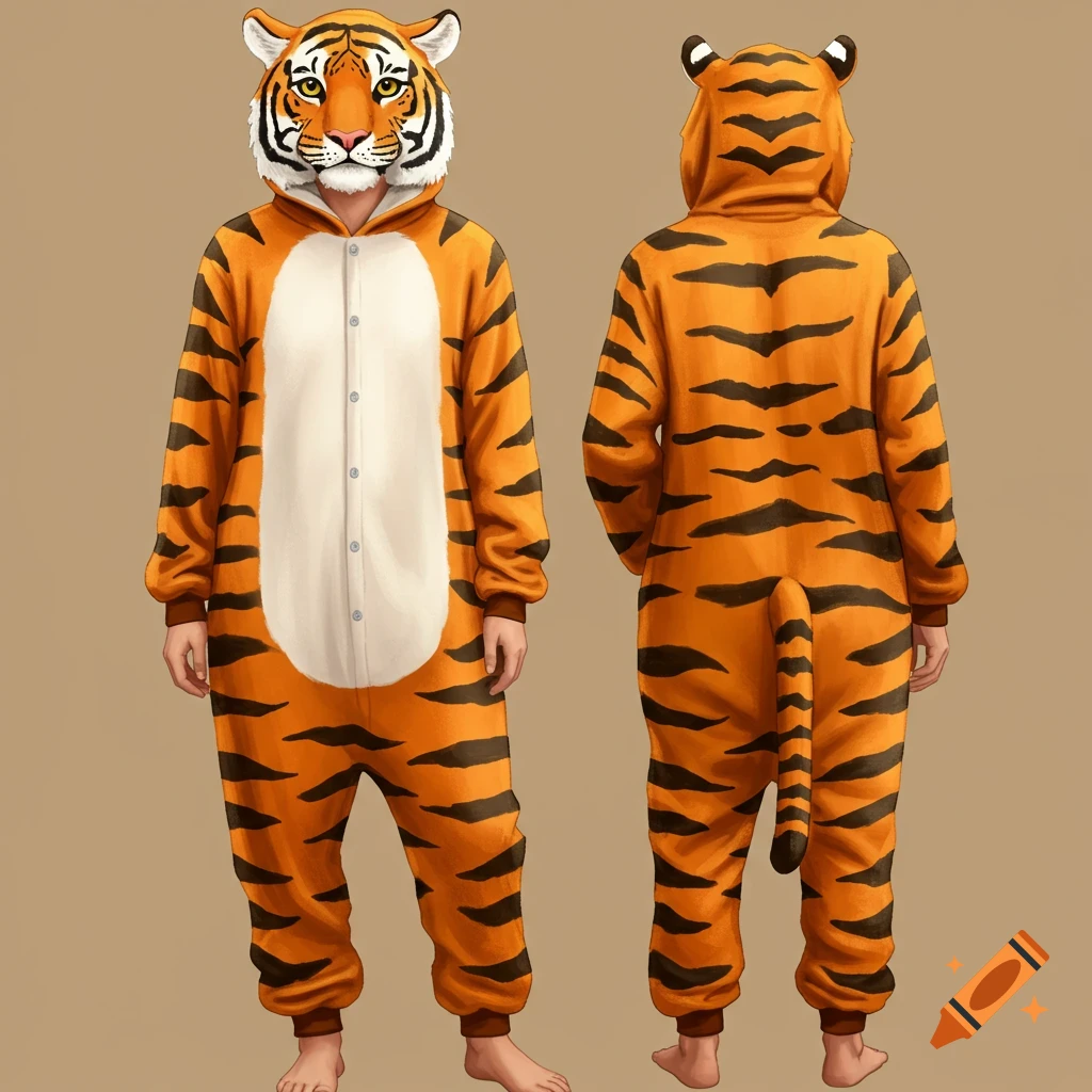 Front and back views of a person wearing an orange tiger onesie with black stripes and a tiger head hood.