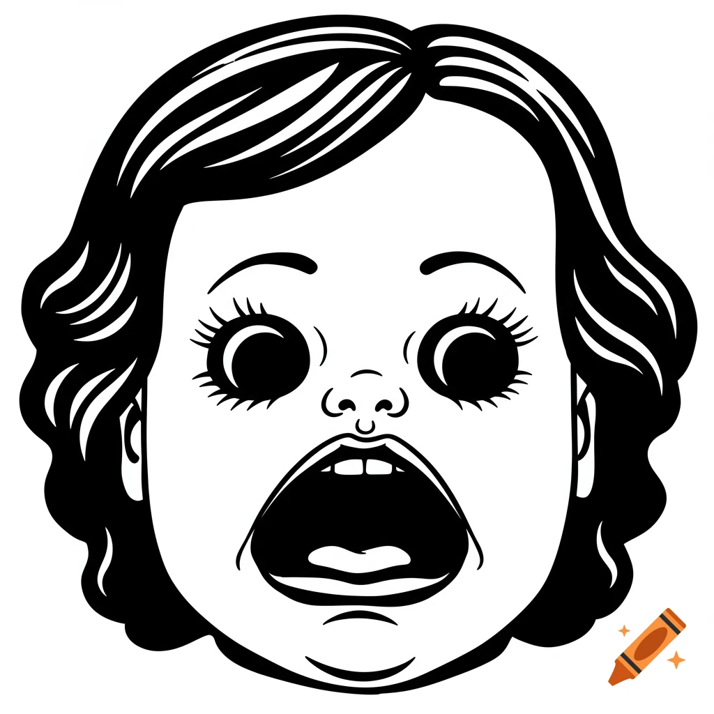 Black and white line art of a screaming doll head with a wide, distorted mouth.