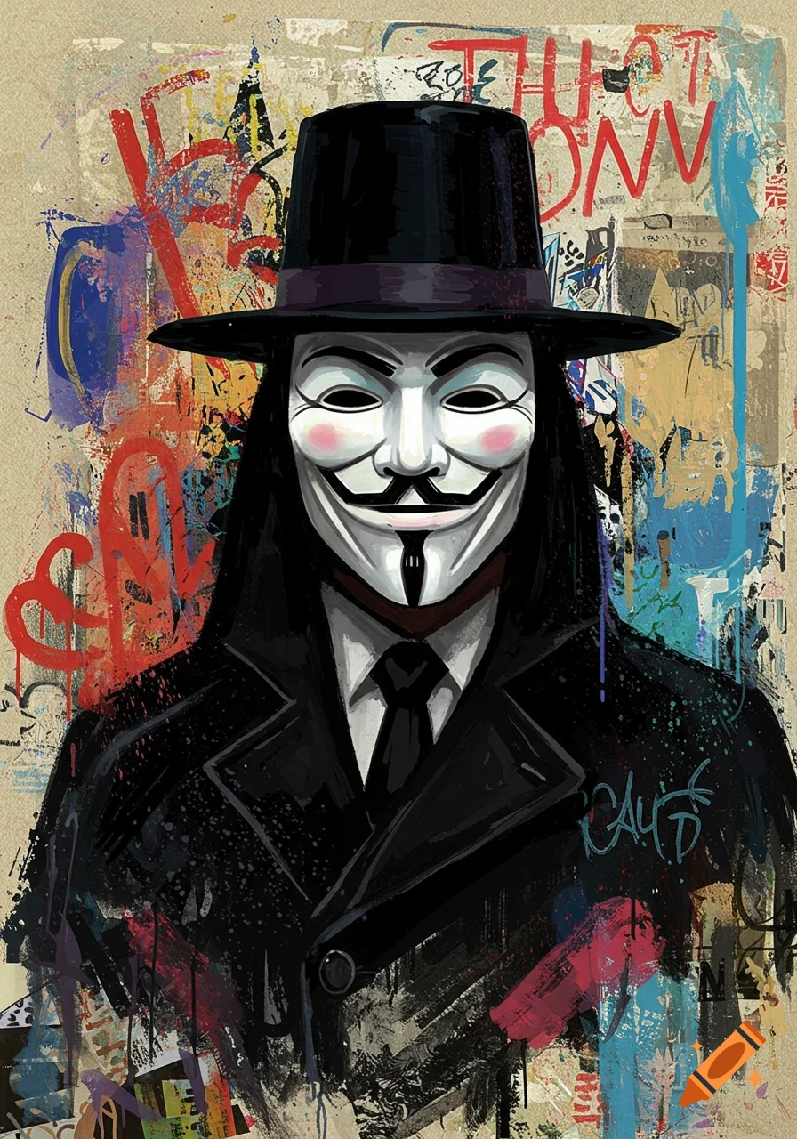 Stylized portrait of V from V for Vendetta, wearing a Guy Fawkes mask, black hat, and trench coat, against a vibrant, graffiti-covered background in a Basquiat-inspired art style.