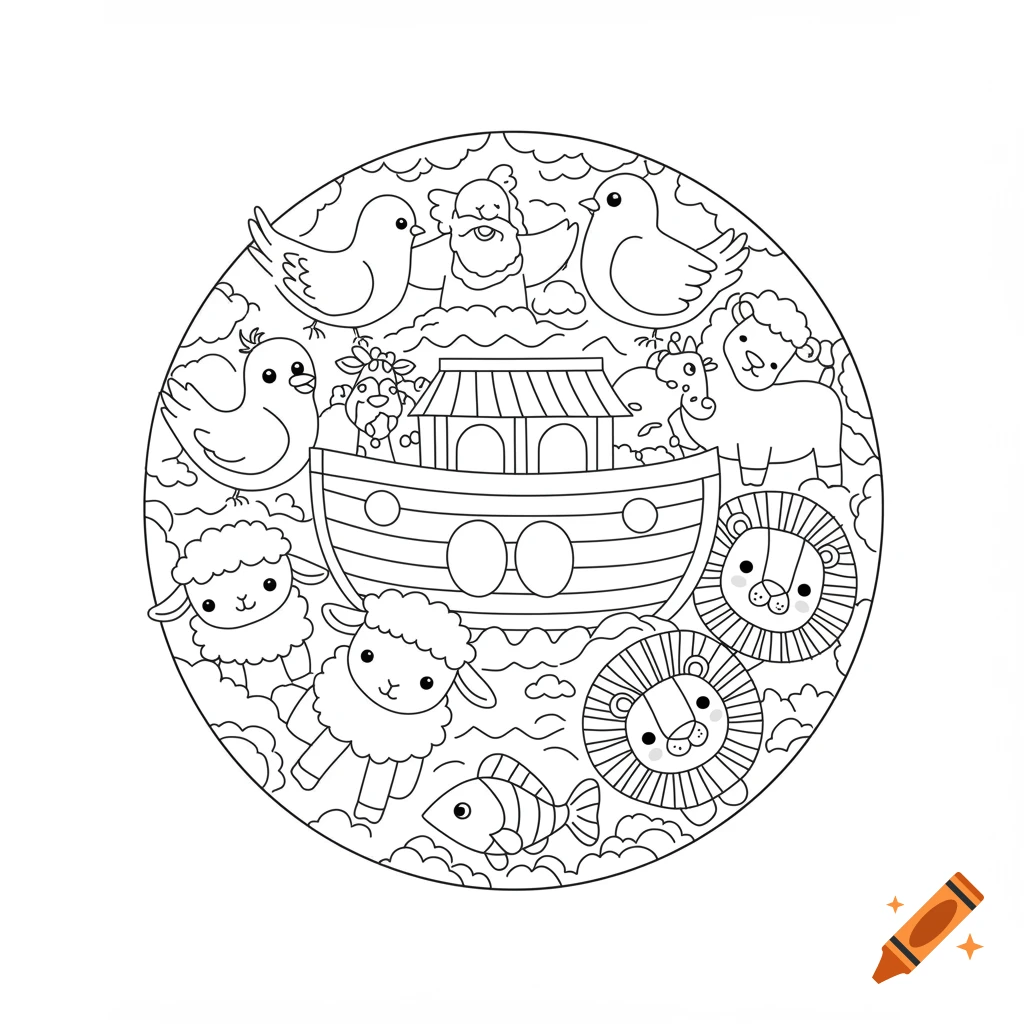 A circular coloring page mandala depicting Noah's Ark with Noah and cute cartoon animals like birds, sheep, lions, and fish.