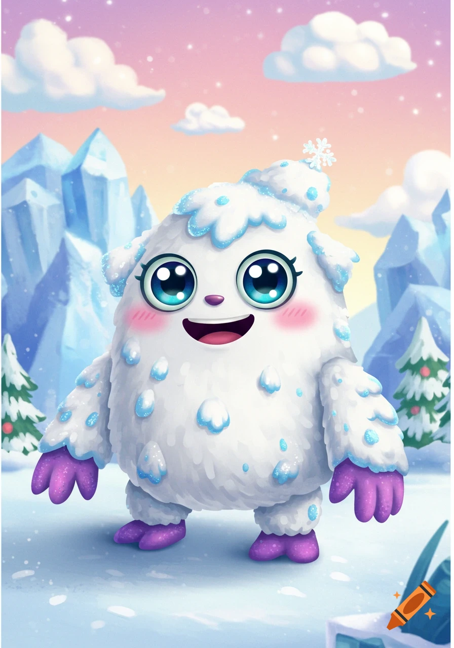 A cute, white, furry monster with big blue eyes, pink cheeks, and purple limbs stands in a snowy landscape with ice mountains and trees under a pink sky.