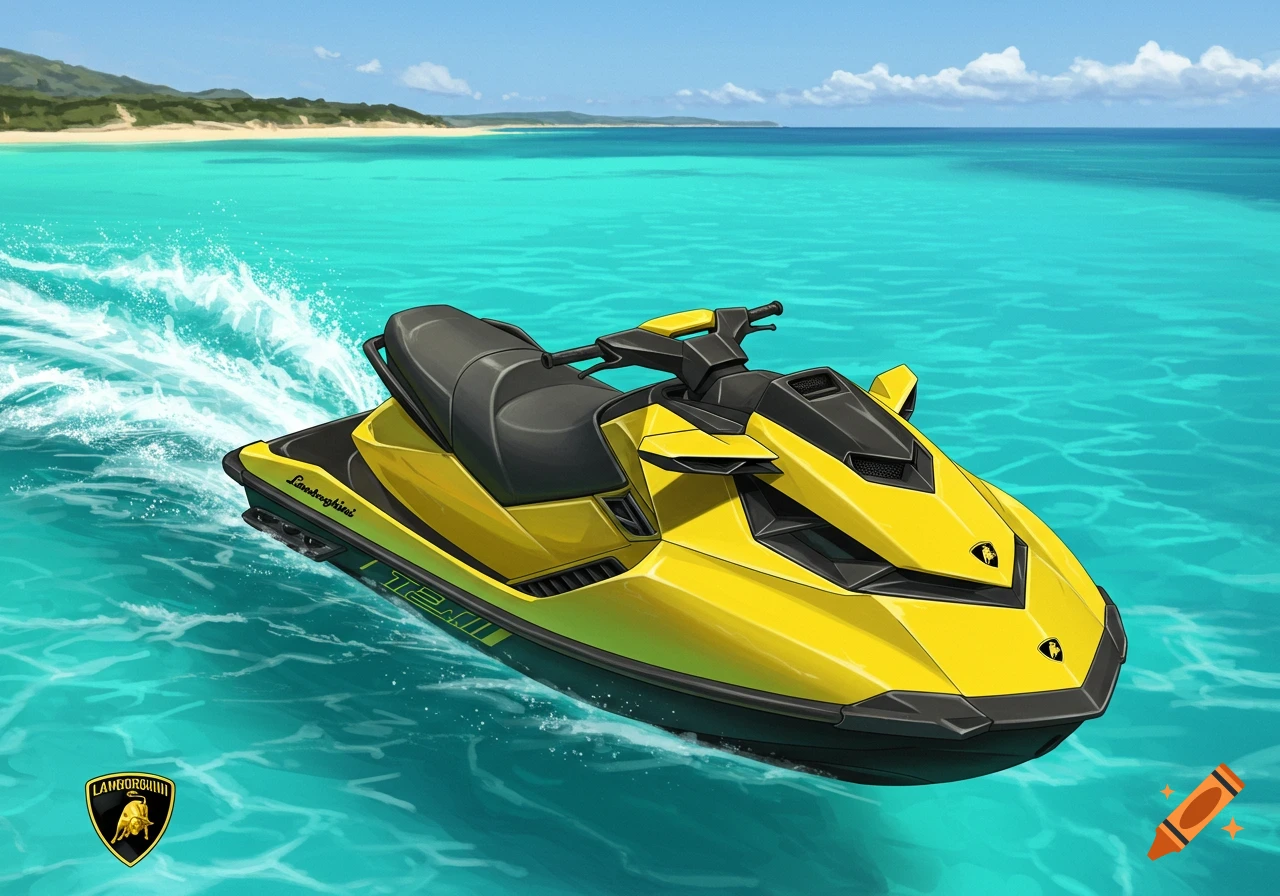 A bright yellow Lamborghini jet ski speeds across clear turquoise water near a tropical beach with green hills.
