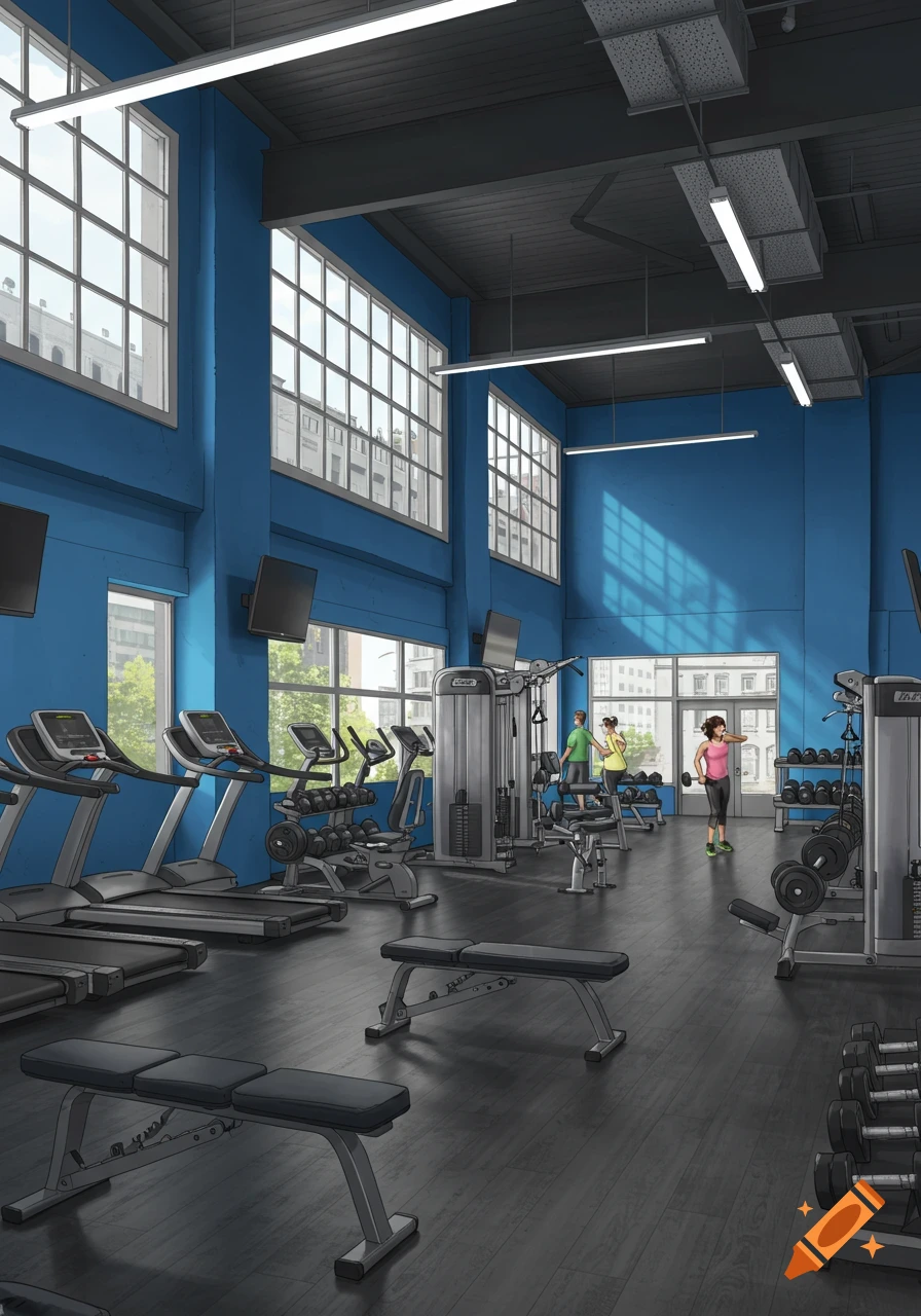 A detailed illustration of a modern gym interior with exercise machines, large windows, and people working out.