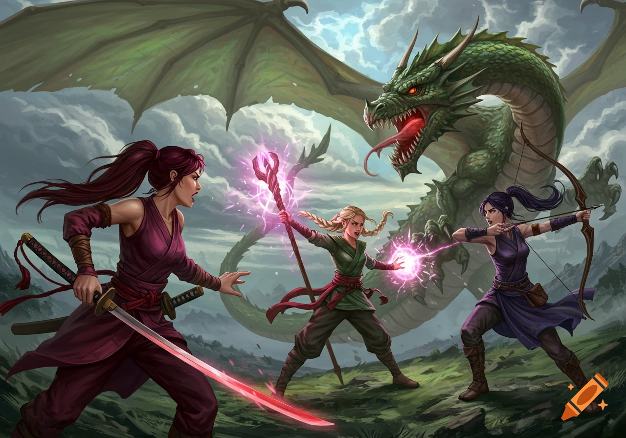 Three female warriors in fantasy attire battle a large green dragon with glowing eyes under a cloudy sky, in a vibrant, detailed art style.