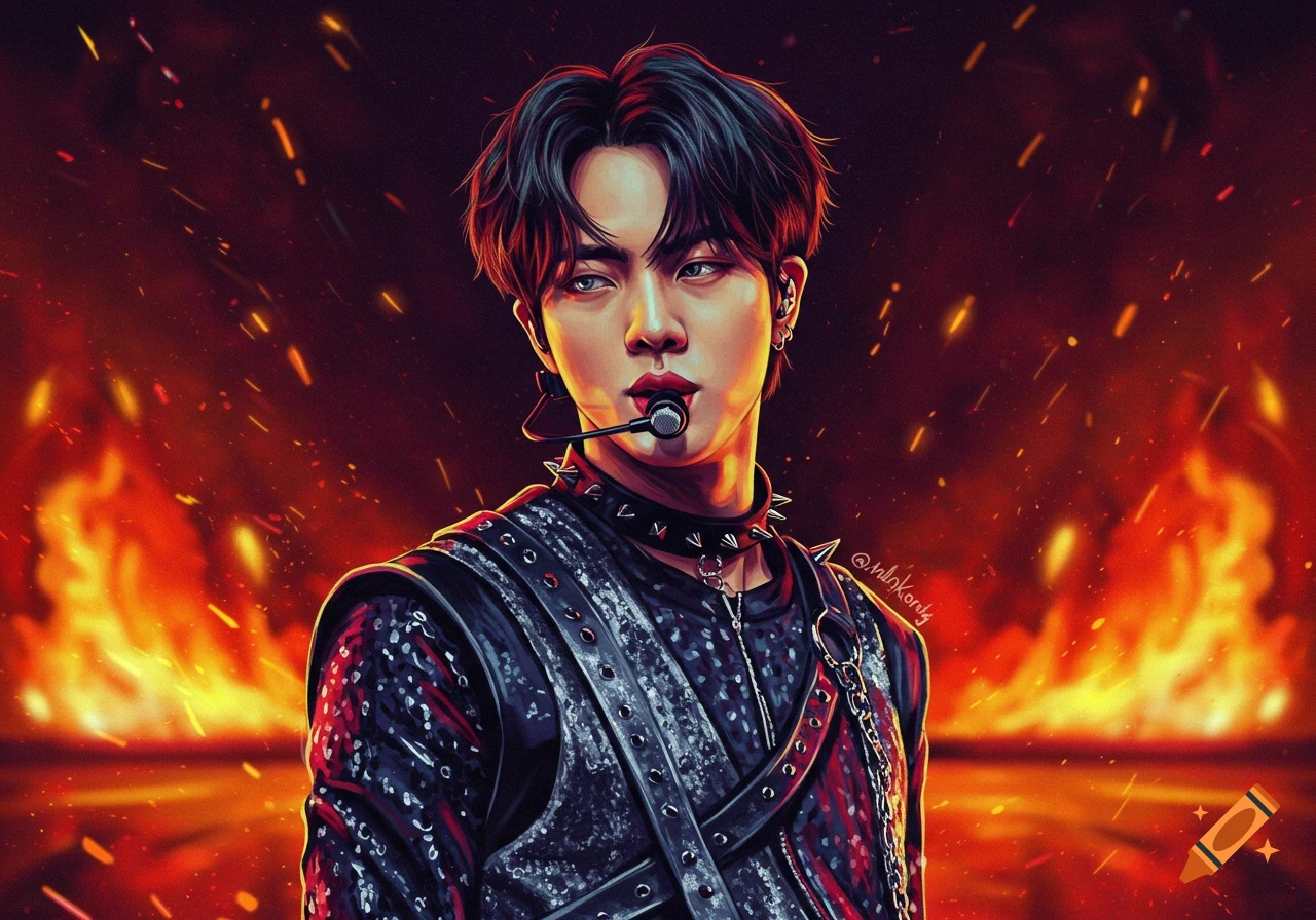 A vibrant digital art portrait of a male figure with dark hair and a spiked collar, wearing a studded black outfit, against a fiery backdrop.