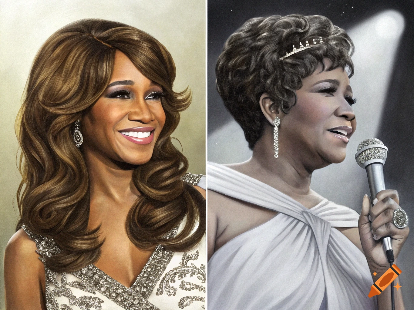 Two realistic portraits side-by-side. Whitney Houston on the left, smiling with long brown hair. Aretha Franklin on the right, singing into a microphone.