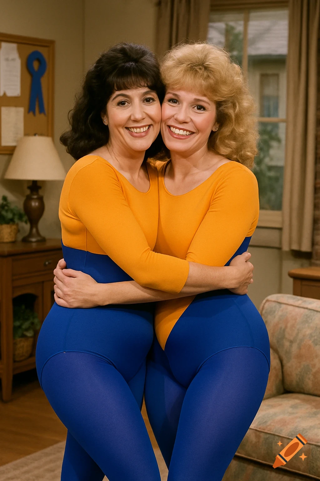 Two smiling women in orange and blue leotards hug, their bodies appearing to merge into a single form, creating a two-headed illusion in a living room.