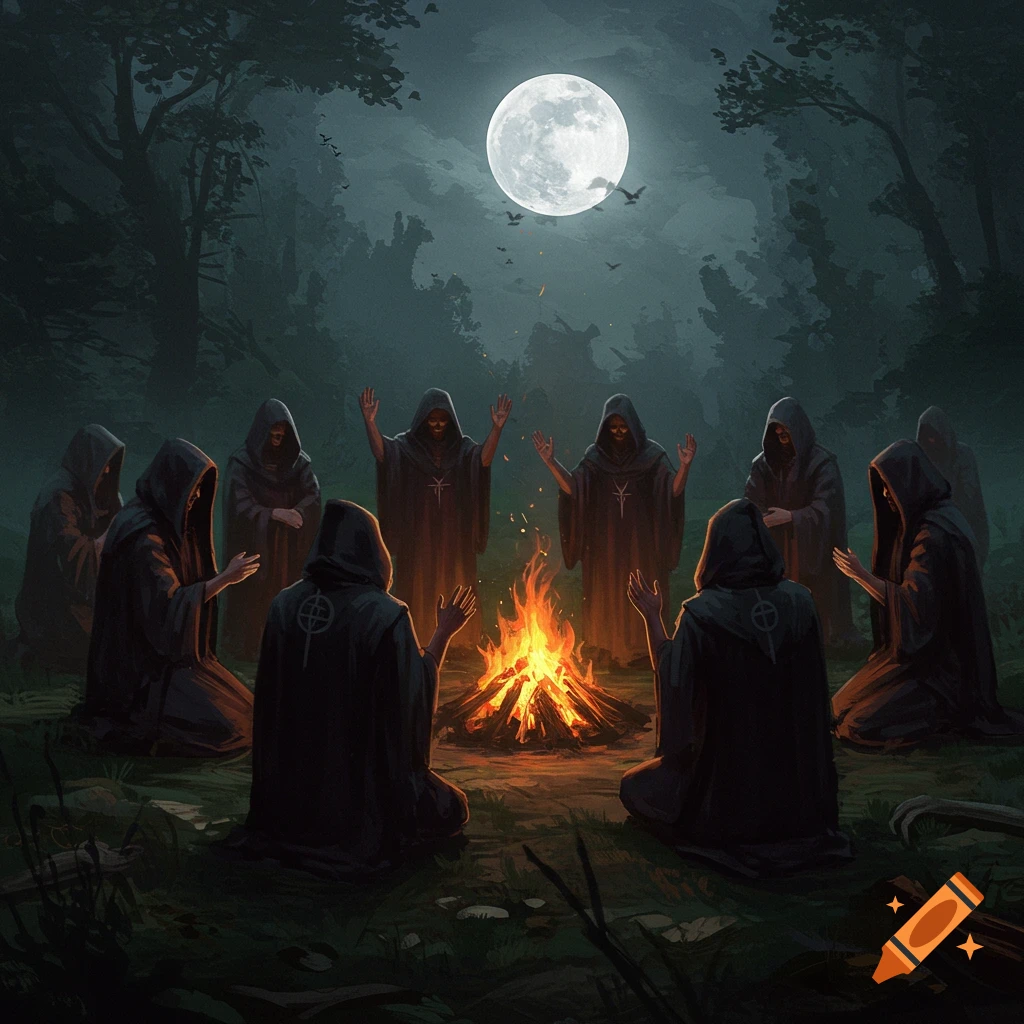 Hooded figures perform a ritual around a bonfire in a dark forest under a full moon.