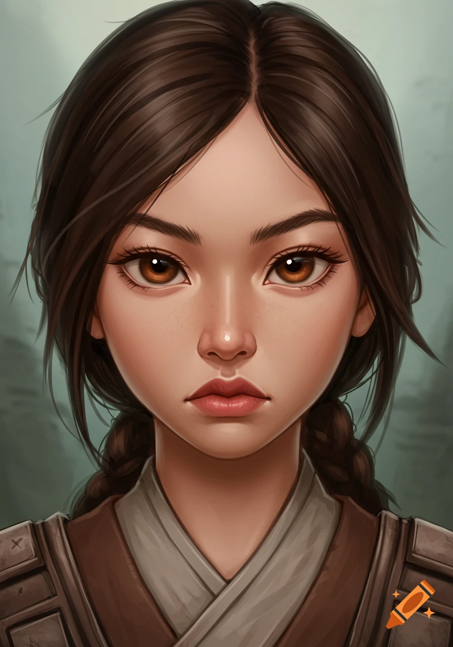 A close-up stylized portrait of a young woman with dark hair in braids, brown eyes, and a stern expression. She wears a brown and grey layered outfit.