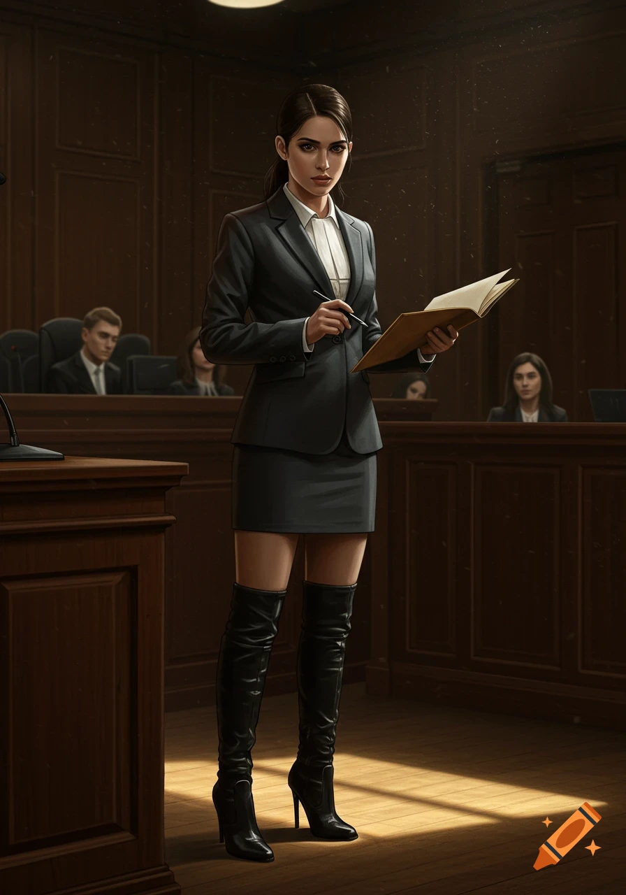 A photorealistic illustration of a female trial lawyer in a skirt suit and tall boots, standing in a courtroom holding a pen and folder.