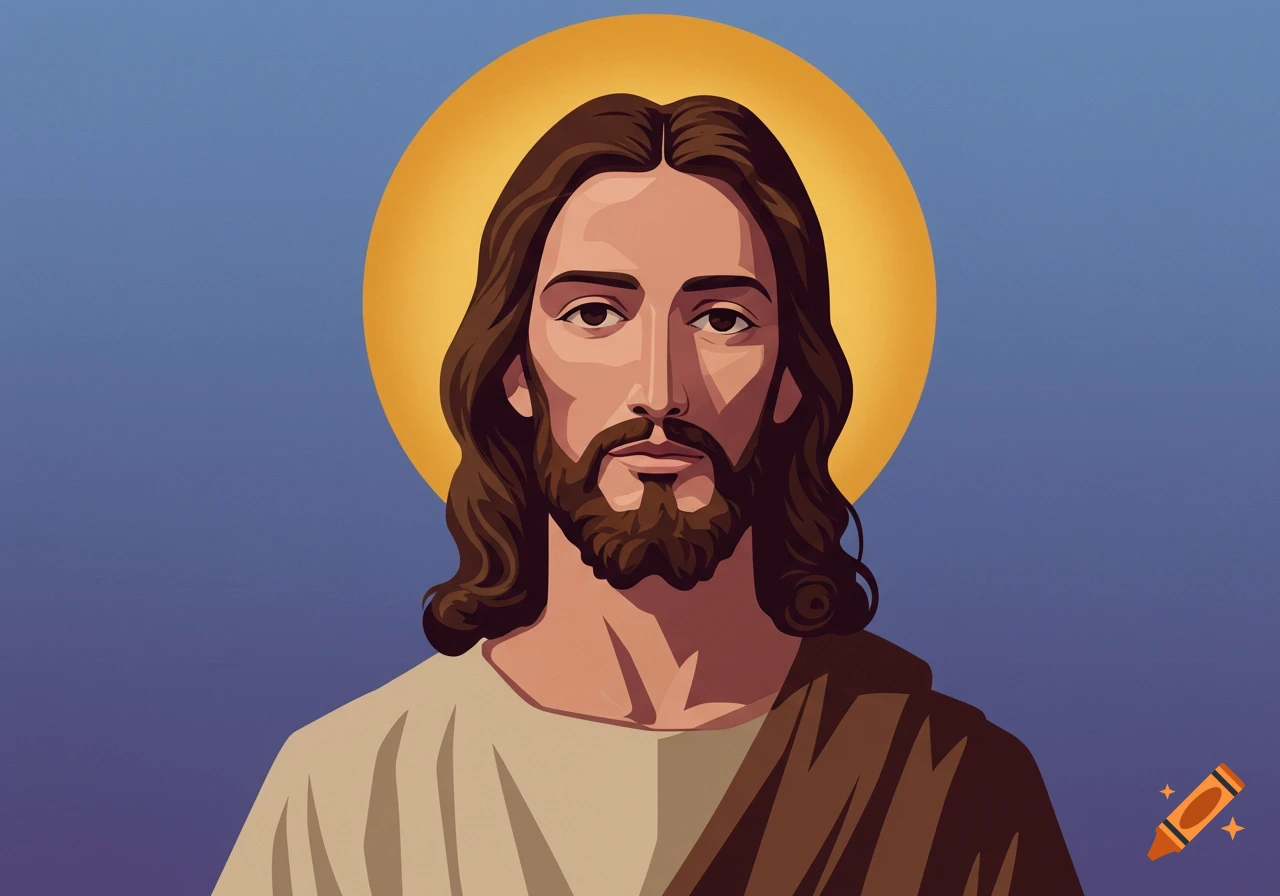An illustration of Jesus with a halo against a blue sky, depicted from the chest up.