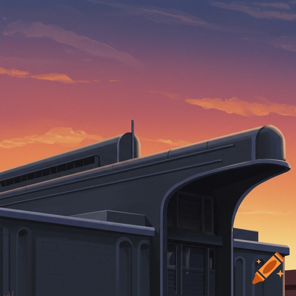 An illustration of a building with a streamline roof design against a vibrant orange and purple sunset sky.