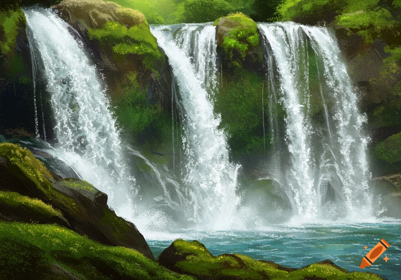A vibrant, illustrative painting of multiple waterfalls cascading down mossy, green cliffs into a clear blue pool.