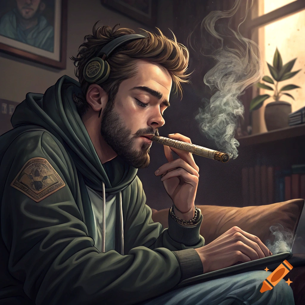 A bearded man with headphones smokes a cigar while looking at a laptop, in a digital painting style.