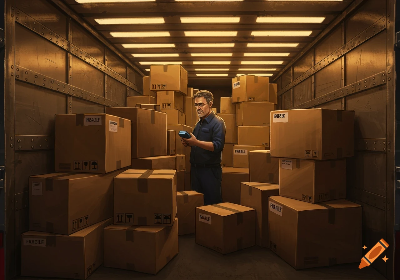 A man in a blue uniform scans boxes inside a large, brightly lit moving truck filled with cardboard packages.