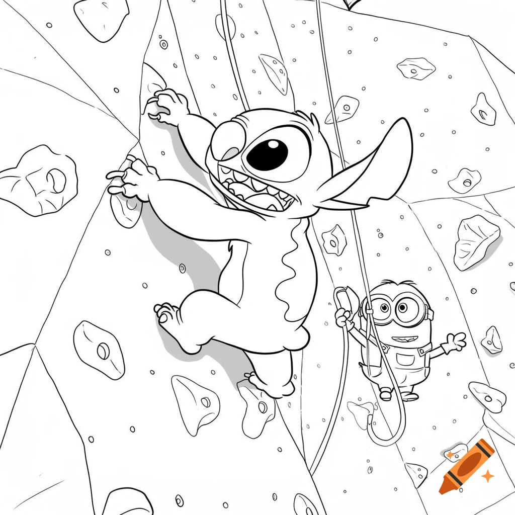 Line art of a Stitch-like character climbing a rock wall with a Minion-like character belaying.