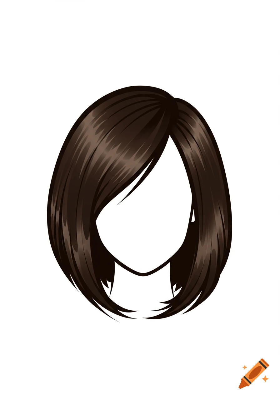 An illustration of a short dark brown bob haircut with a side part, styled against a white background.