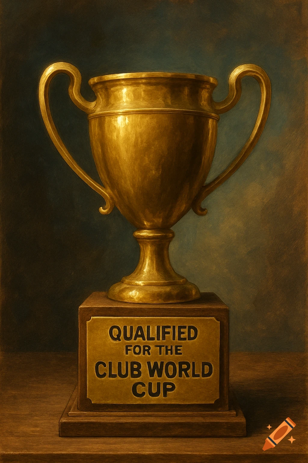 A gold trophy on a wooden base with a plaque reading 'QUALIFIED FOR THE CLUB WORLD CUP' in a painted style.