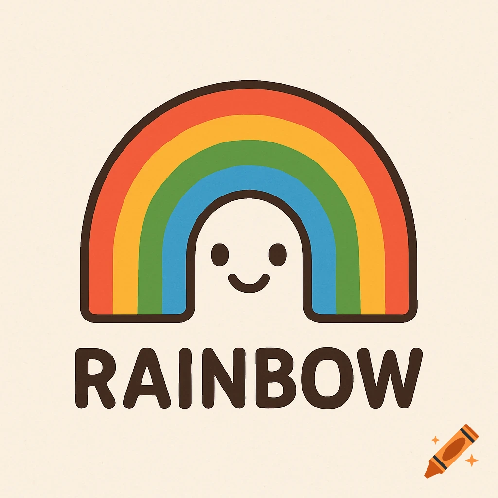 A cute, stylized rainbow logo with a smiling face and the word 'RAINBOW' in bold letters below it.