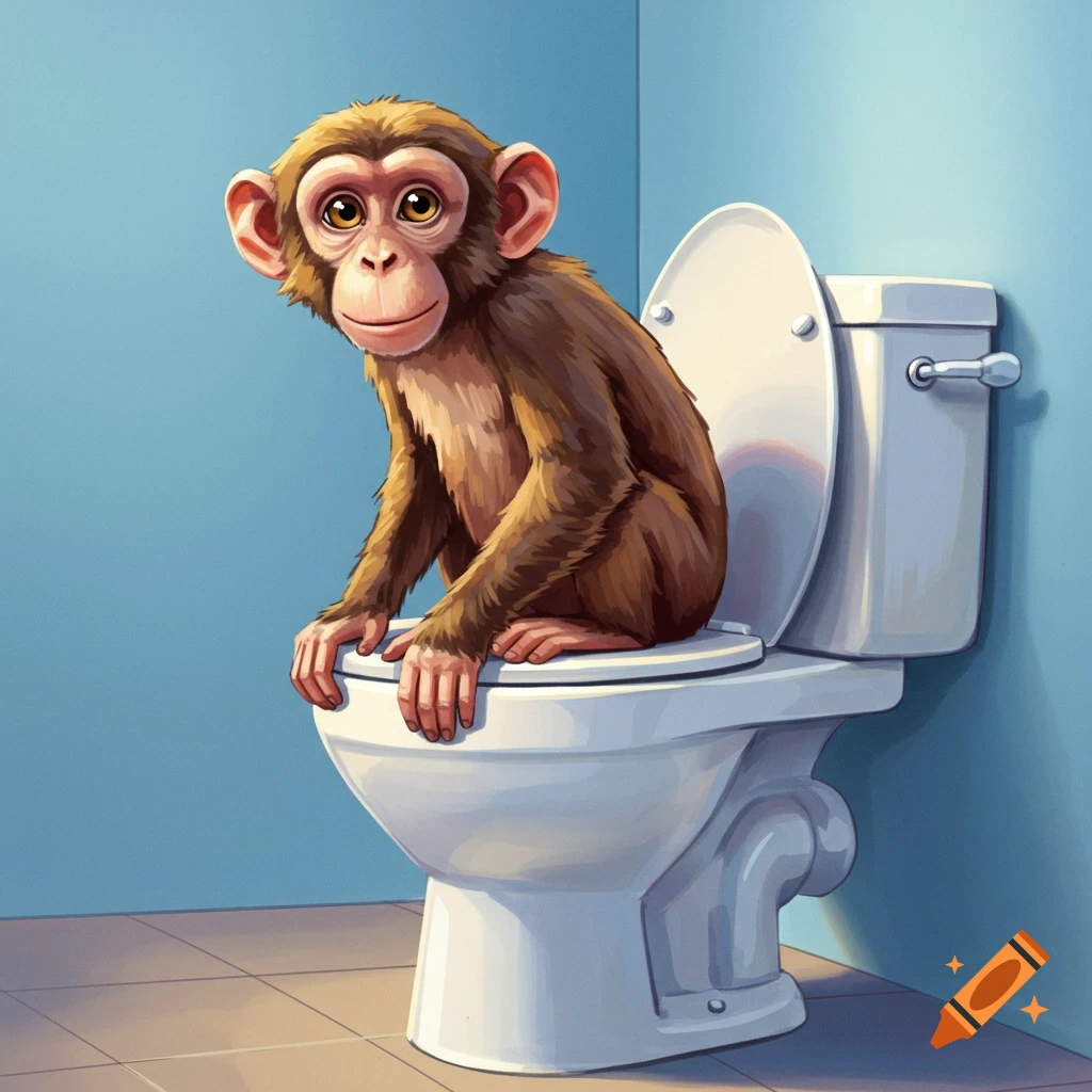 An illustration of a cute cartoon monkey sitting on a white toilet in a blue bathroom.
