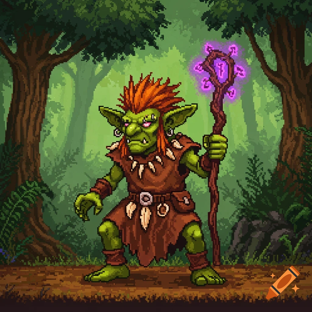 A pixel art goblin shaman with orange hair and green skin stands in a forest, holding a glowing purple staff.