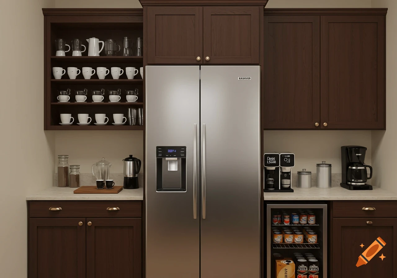 A modern kitchen with dark wood cabinets, a stainless steel refrigerator, and a coffee bar setup with various coffee machines and cups on display shelves.