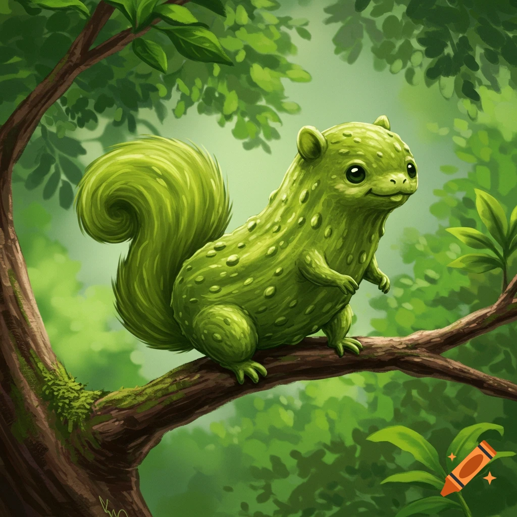 A cute, green, pickle-textured squirrel-like creature sits on a mossy tree branch in a vibrant forest.