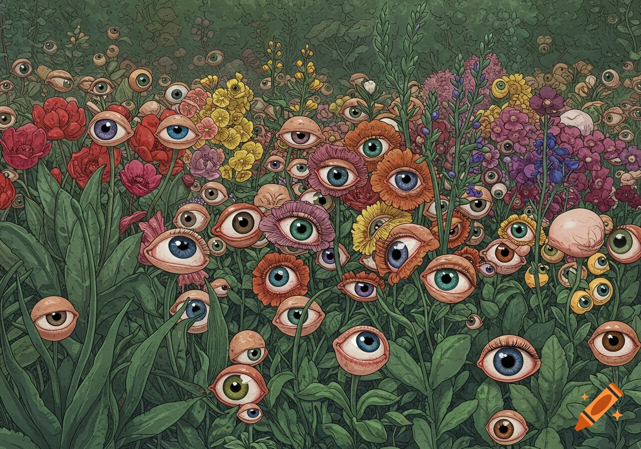 A fantastical garden where plants and flowers are replaced by numerous human-like eyeballs of various colors, set against a green, leafy background.