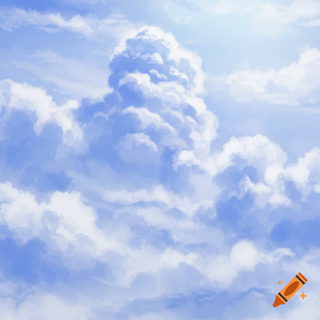 A bright blue sky filled with soft, painterly white cumulus clouds.