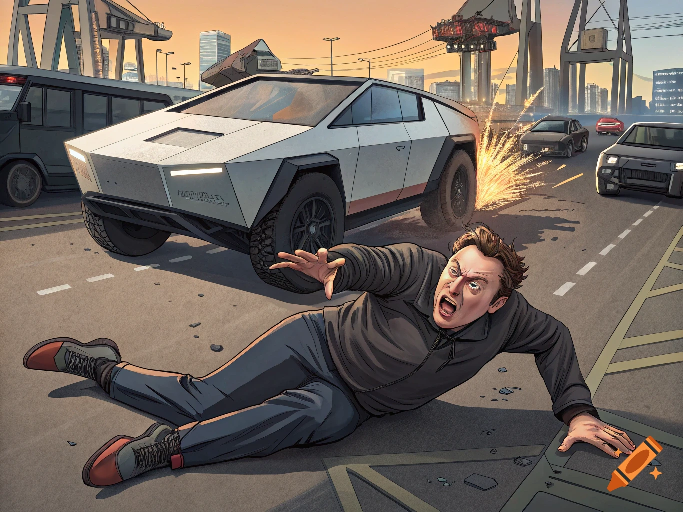 Cartoon of Elon Musk falling in front of a Cybertruck on a city street, with sparks flying from the truck.