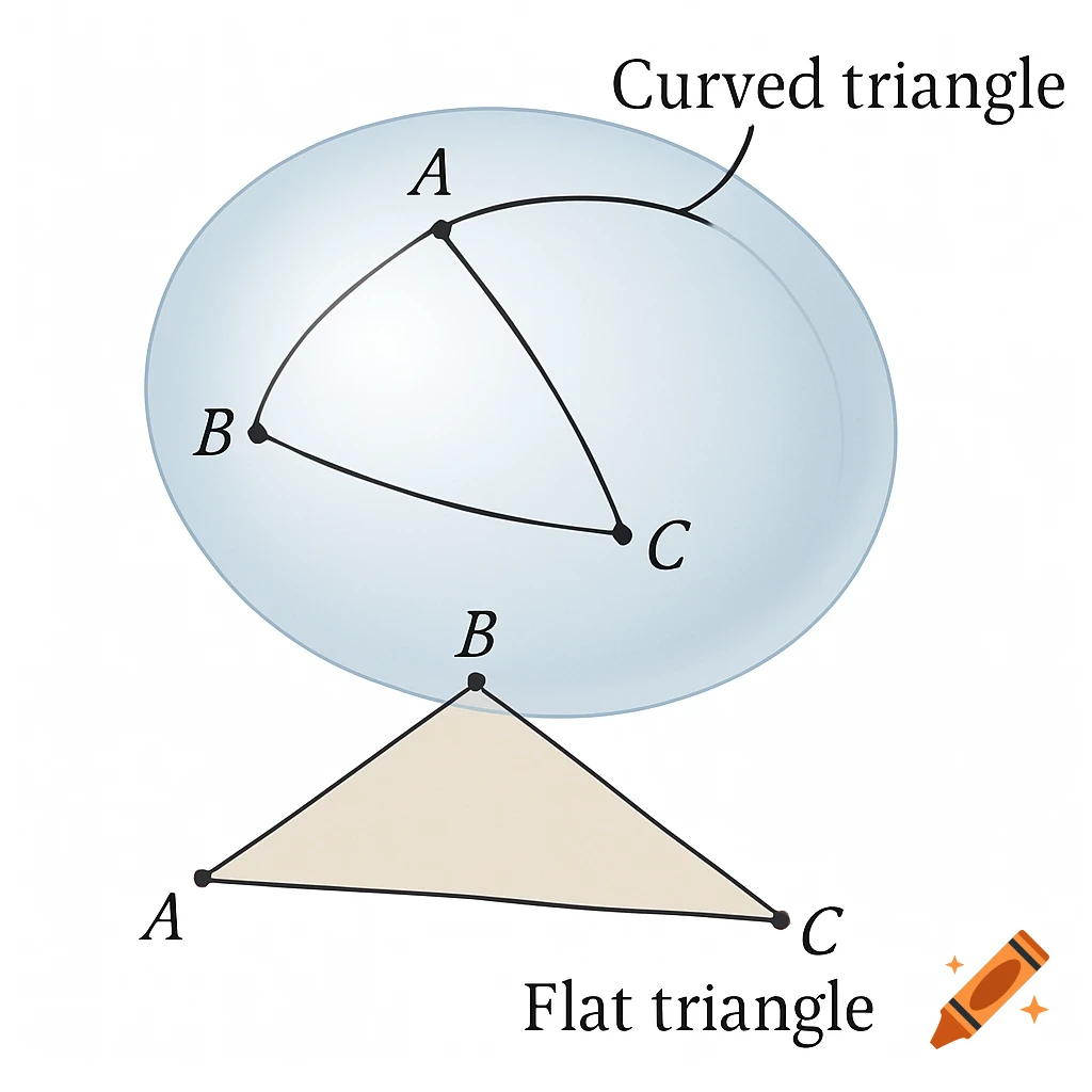 A scientific illustration showing a 3D transparent ellipsoid with a curved triangle on its surface labeled 'Curved triangle', and a flat beige triangle below labeled 'Flat triangle', both with points A, B, and C.