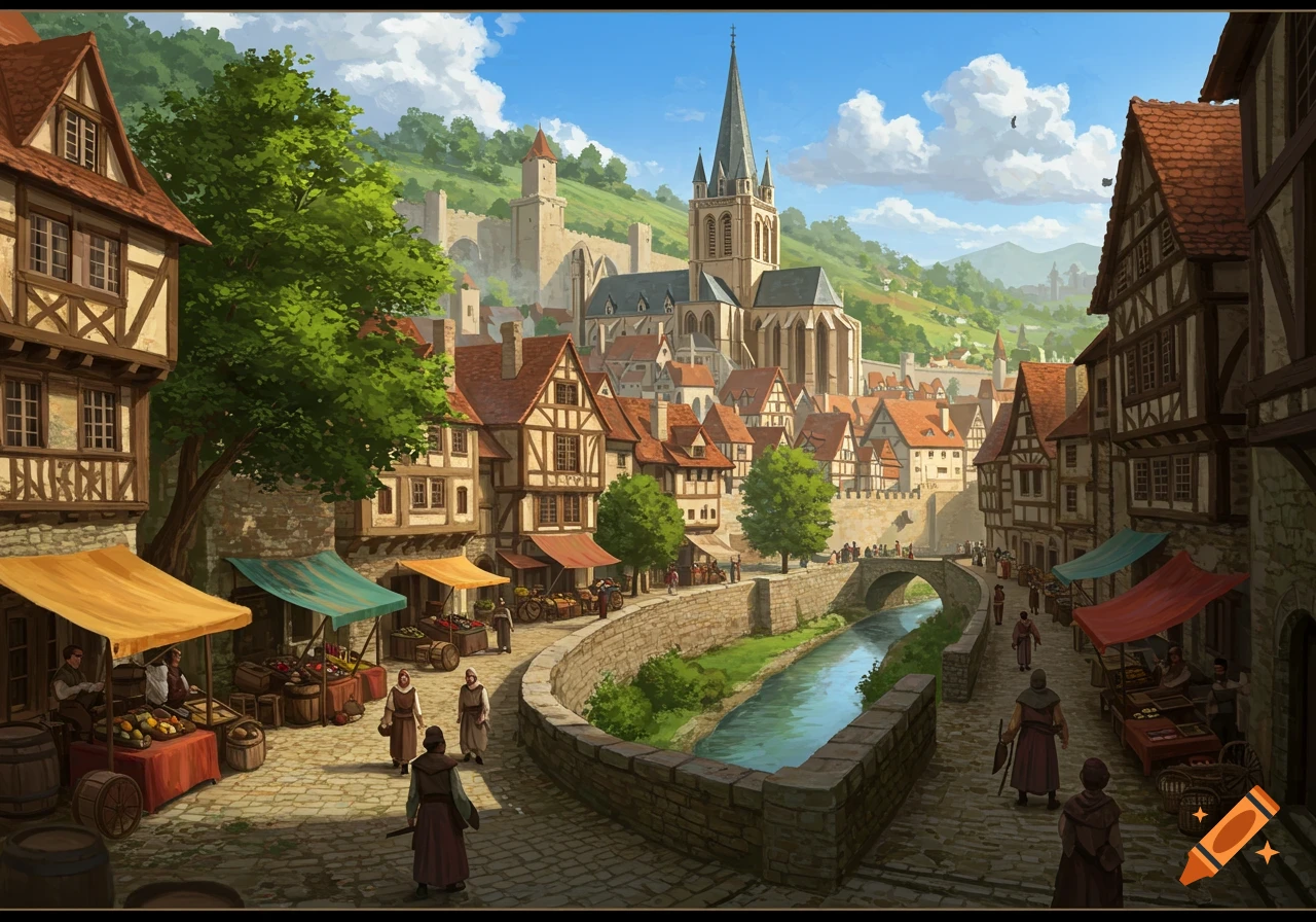 A detailed illustration of a vibrant medieval town with a market square, river, bridge, and a large church under a blue sky.