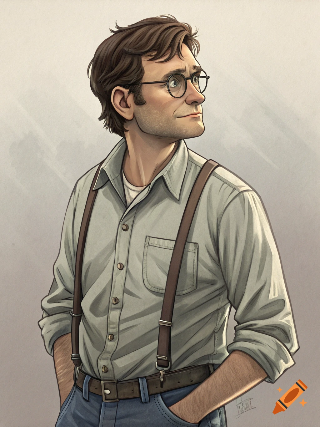 Illustrated portrait of a man with brown hair and glasses, wearing a light shirt and suspenders, looking right.