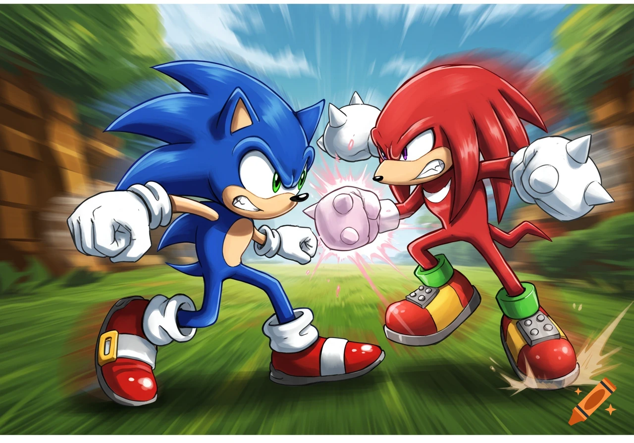 Cartoon style illustration of Sonic the Hedgehog and Knuckles the Echidna in a dynamic fighting stance, their fists connecting with an impact effect.