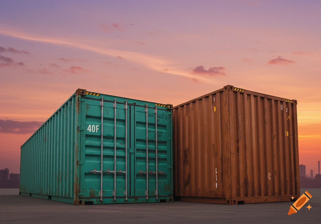 Two shipping containers, one green and one brown, sit on a surface against a vibrant sunset sky.