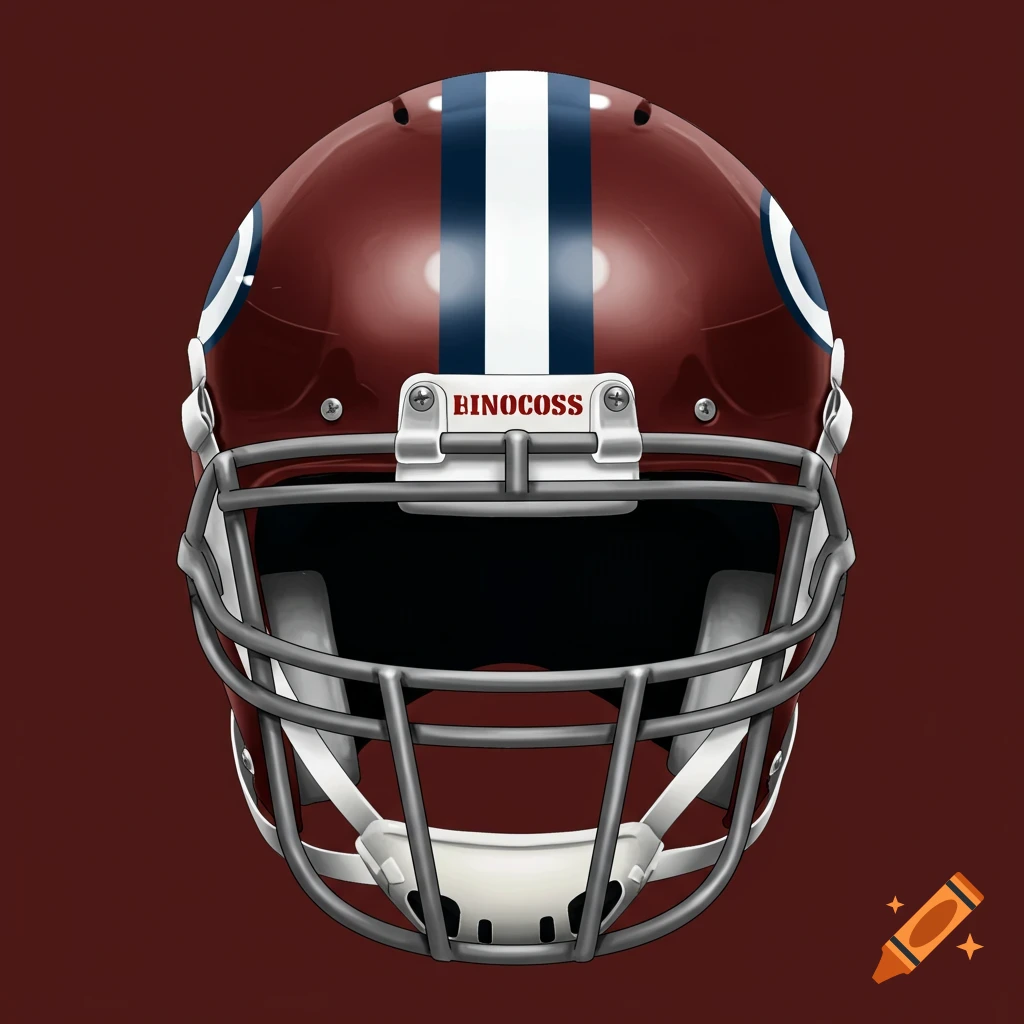 Front view of a shiny maroon football helmet with white and blue stripes down the middle and a gray face mask.